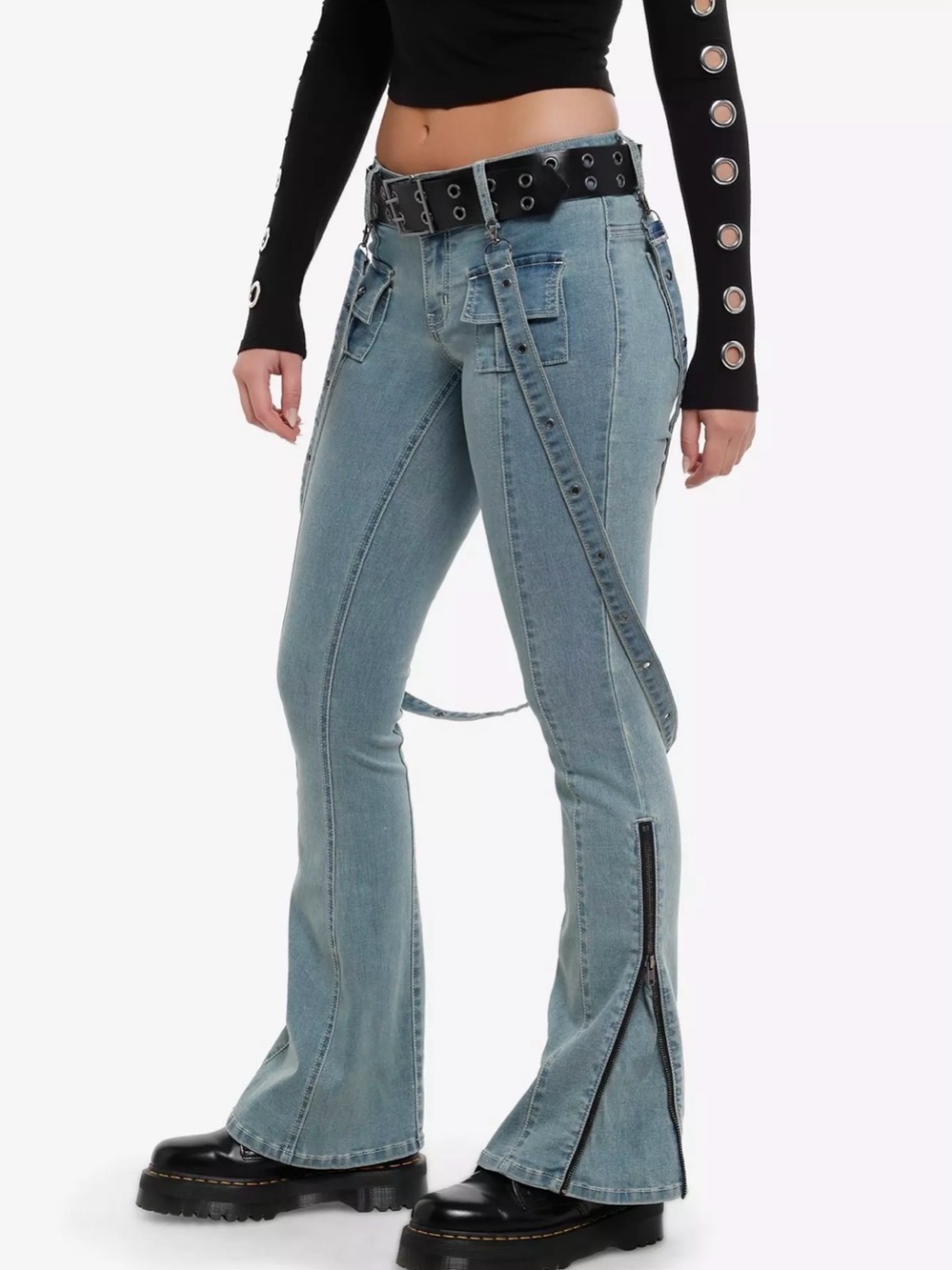 Light Indigo Suspender Low Rise Flare Pants w/Grommet Belt Size 7 Zipper Flares